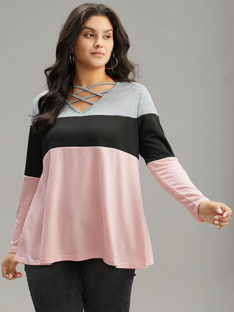 

Plus Size Colorblock Contrast Crisscross V Neck Sweatshirt Women Multicolor Casual Contrast V-neck Everyday Sweatshirts BloomChic