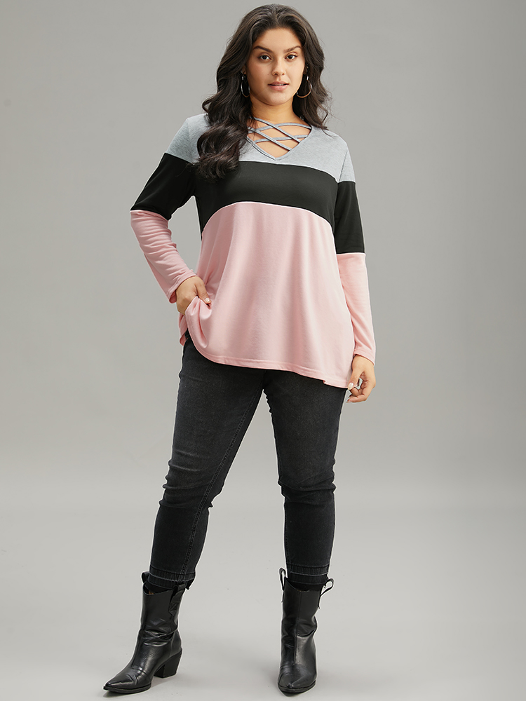 Plus Size Colorblock Contrast Crisscross V Neck Sweatshirt Women Multicolor Casual Contrast V-neck Everyday Sweatshirts BloomChic 18-20/2X 