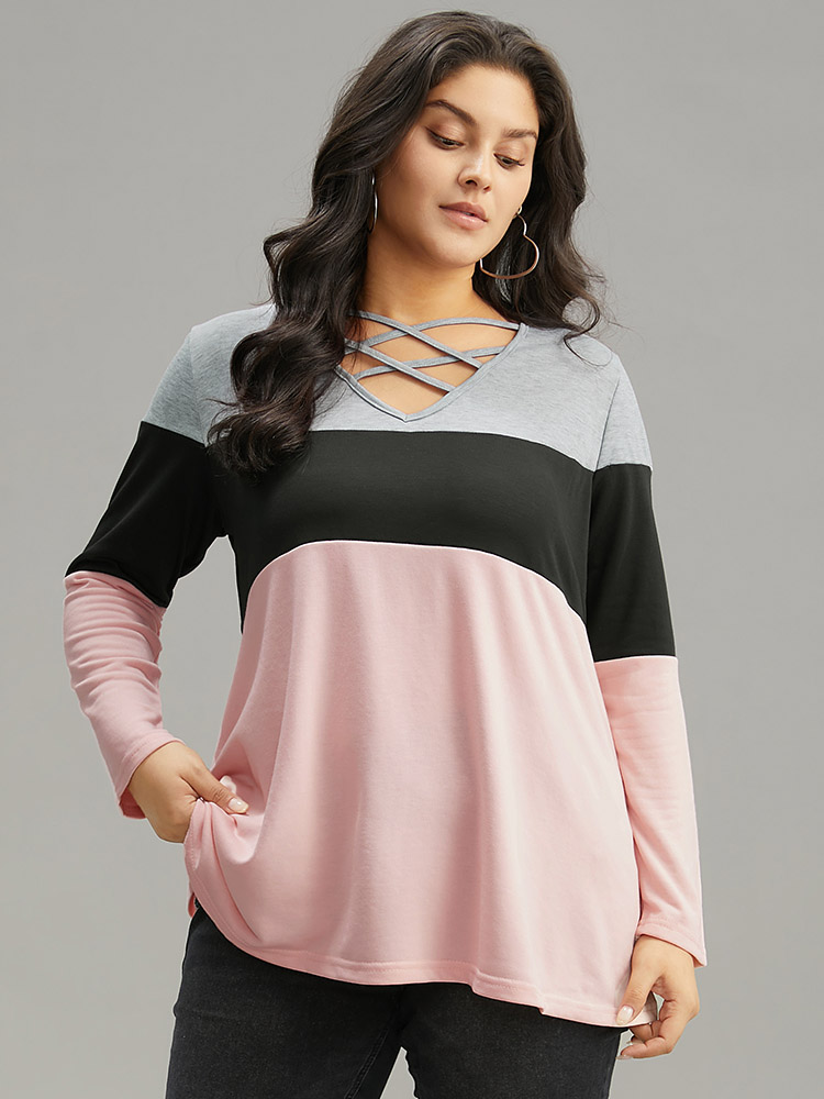 Plus Size Colorblock Contrast Crisscross V Neck Sweatshirt Women Multicolor Casual Contrast V-neck Everyday Sweatshirts BloomChic 18-20/2X 