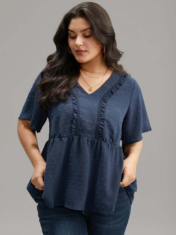 Plus Size Women Dailywear Plain Elastic Waist Ruffle Sleeve Short sleeve V-neck Elegant Blouses BloomChic 