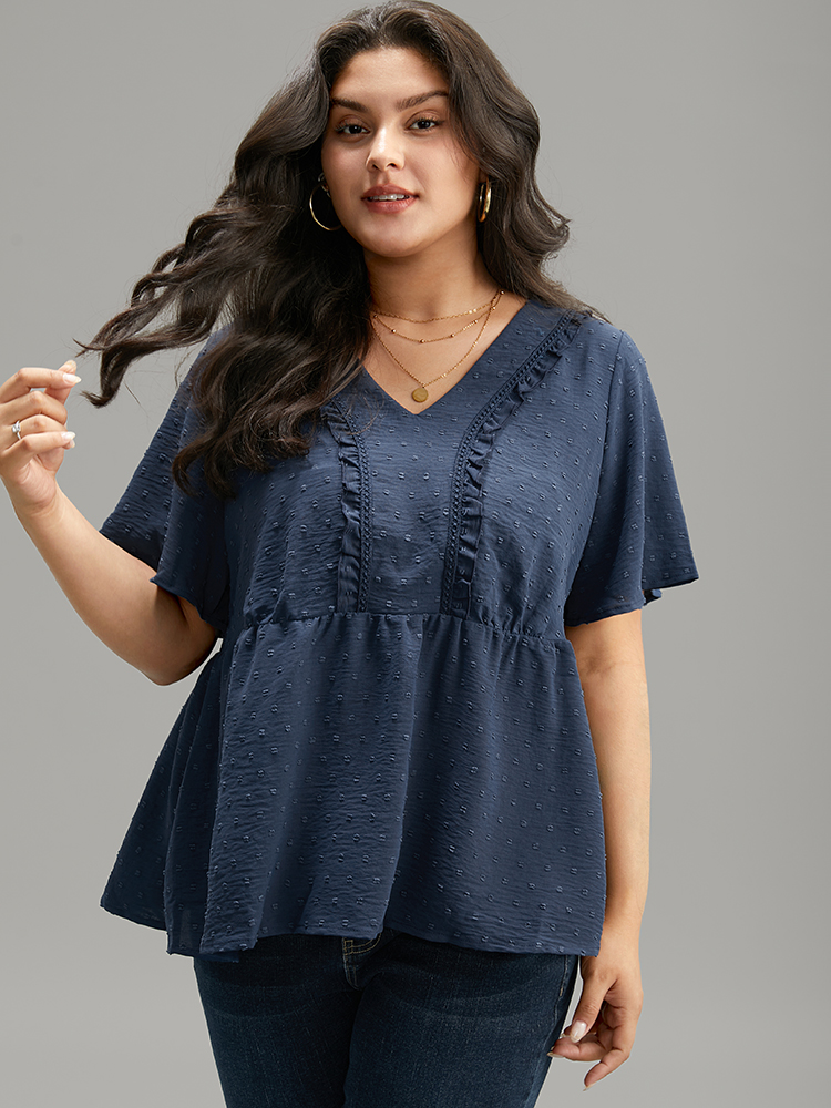 Plus Size Women Dailywear Plain Elastic Waist Ruffle Sleeve Short sleeve V-neck Elegant Blouses BloomChic 