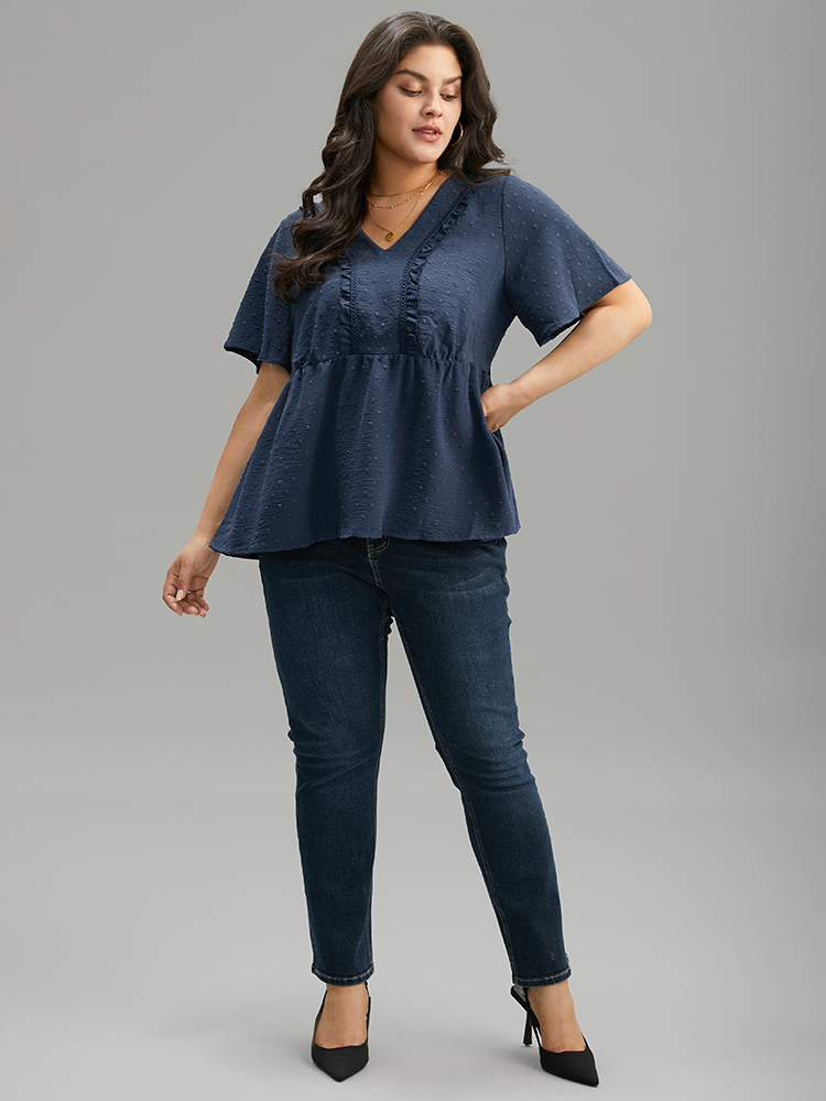 Plus Size Women Dailywear Plain Elastic Waist Ruffle Sleeve Short sleeve V-neck Elegant Blouses BloomChic 
