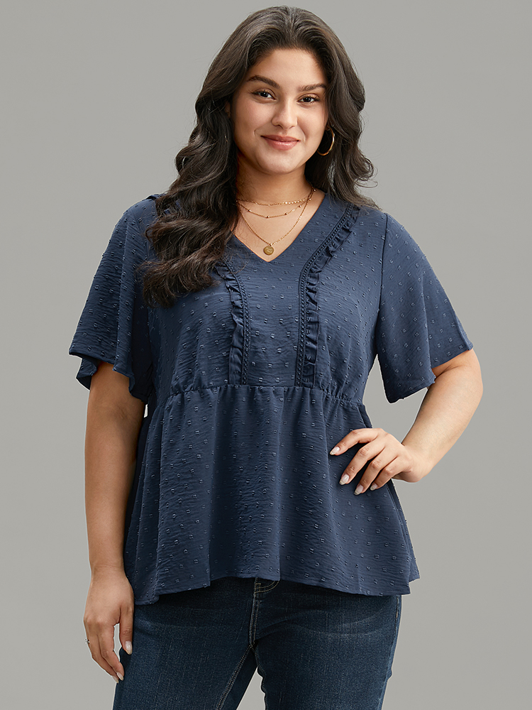 Plus Size Women Dailywear Plain Elastic Waist Ruffle Sleeve Short sleeve V-neck Elegant Blouses BloomChic 