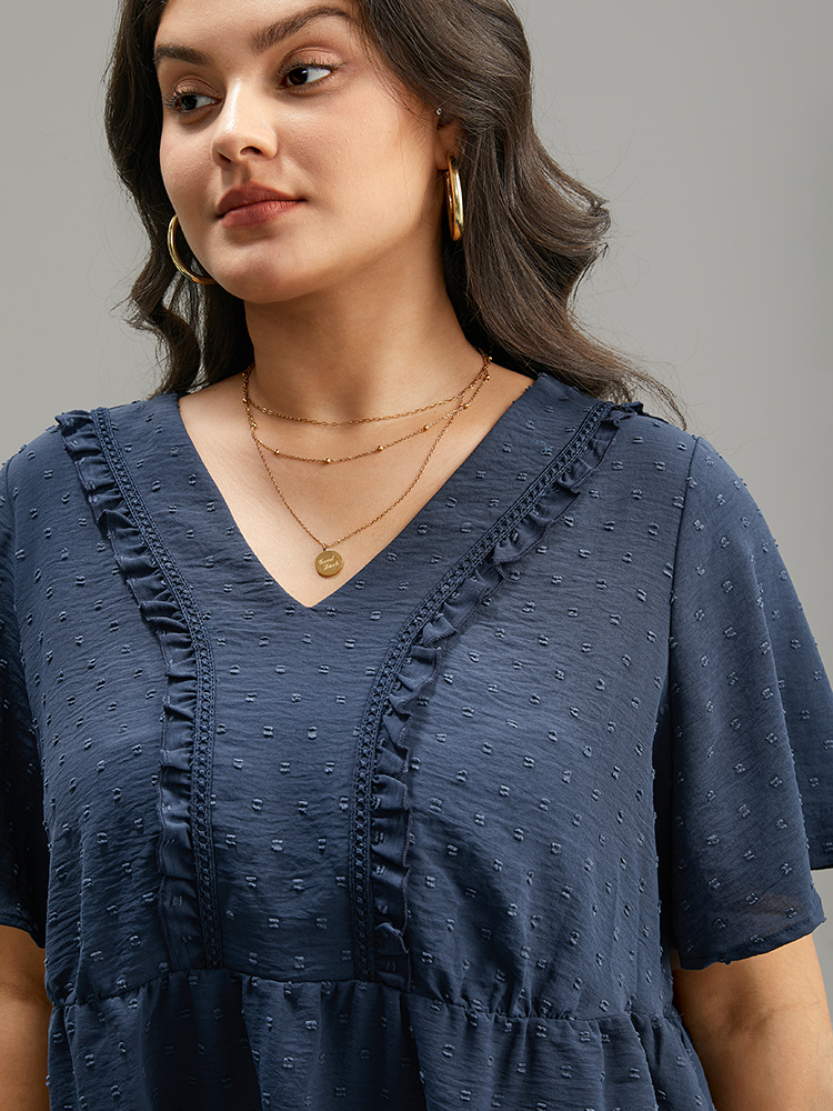 Plus Size Women Dailywear Plain Elastic Waist Ruffle Sleeve Short sleeve V-neck Elegant Blouses BloomChic 