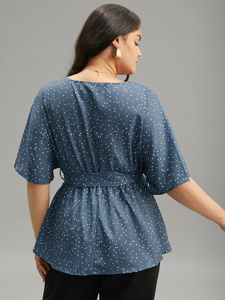 Plus Size Stone Polka Dot Flutter Sleeve Wrap Belted Blouse Women Office Short sleeve V-neck Work Blouses BloomChic 18-20/2X 
