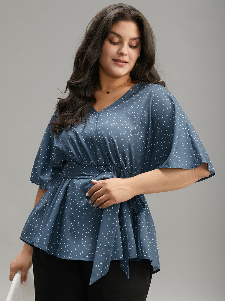 Plus Size Stone Polka Dot Flutter Sleeve Wrap Belted Blouse Women Office Short sleeve V-neck Work Blouses BloomChic 18-20/2X 