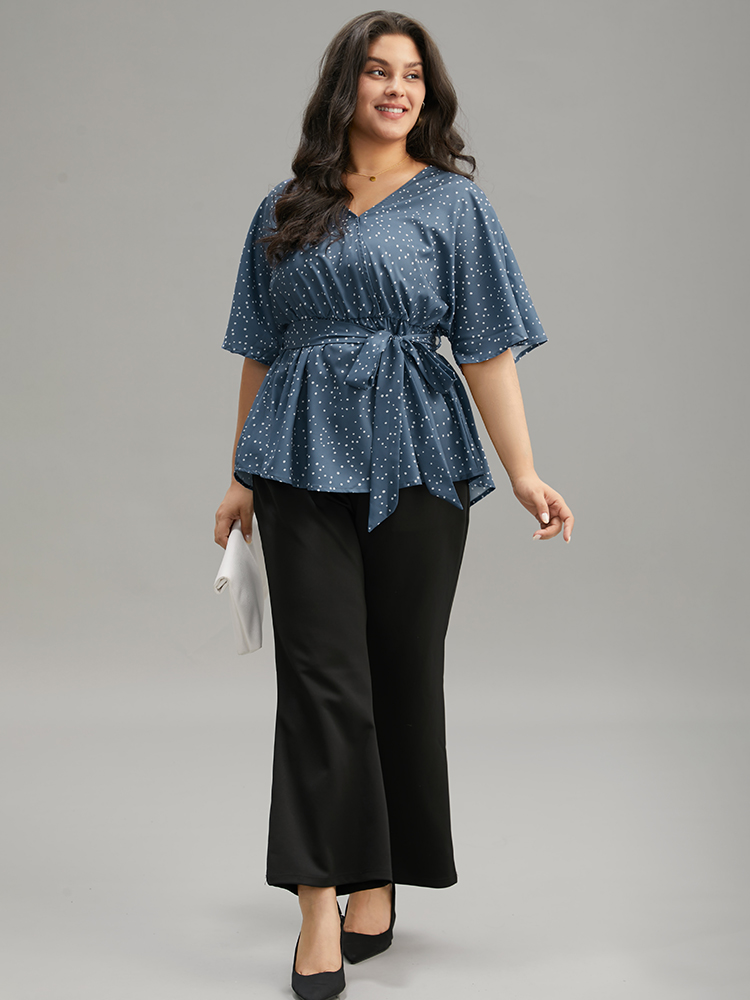 Plus Size Stone Polka Dot Flutter Sleeve Wrap Belted Blouse Women Office Short sleeve V-neck Work Blouses BloomChic 18-20/2X 