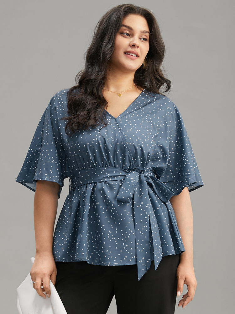 Plus Size Stone Polka Dot Flutter Sleeve Wrap Belted Blouse Women Office Short sleeve V-neck Work Blouses BloomChic 18-20/2X 