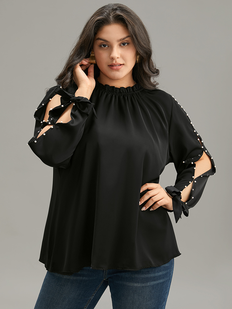 Plus Size Women Work Plain Beaded Regular Sleeve Long Sleeve Halter neck Office Blouses BloomChic 