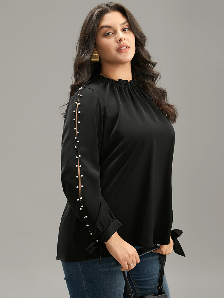 Plus Size Women Work Plain Beaded Regular Sleeve Long Sleeve Halter neck Office Blouses BloomChic 