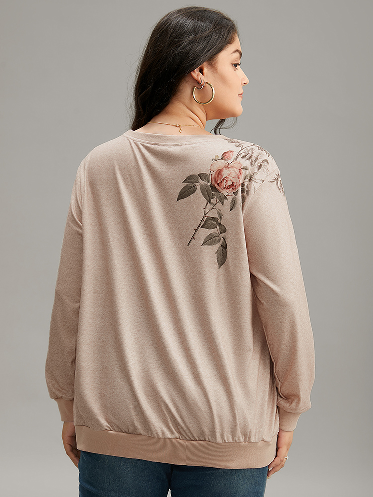 

Plus Size Floral Print Elastic Cuffs Sweatshirt Women LightBrown Casual Elastic cuffs Round Neck Dailywear Sweatshirts BloomChic