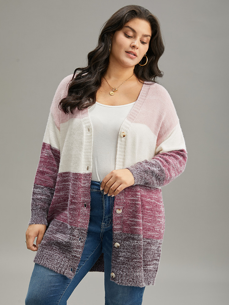 

Plus Size Colorblock Button Through Fuzzy Cardigan Multicolor Women Casual Loose Long Sleeve Dailywear Cardigans BloomChic