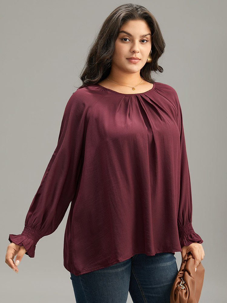 

Plus Size Burgundy Supersoft Essentials Plain Plicated Detail Ruffle Trim Blouse Women Office Long Sleeve Round Neck Work Blouses BloomChic