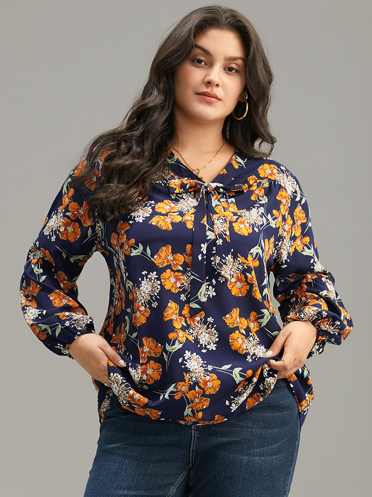 

Plus Size Indigo Floral Print Bowknot Ties Lantern Sleeve Blouse Women Elegant Long Sleeve V-neck Dailywear Blouses BloomChic