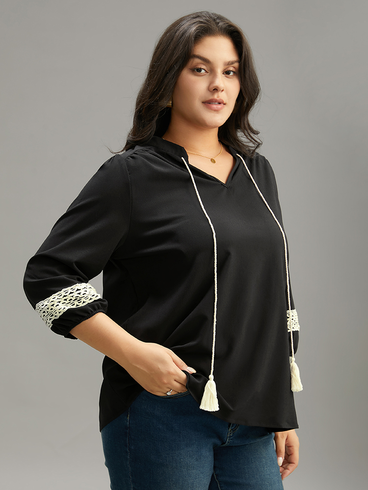 Plus Size Women Dailywear Plain Elastic cuffs Lantern Sleeve Long Sleeve V-neck Vacation Blouses BloomChic 