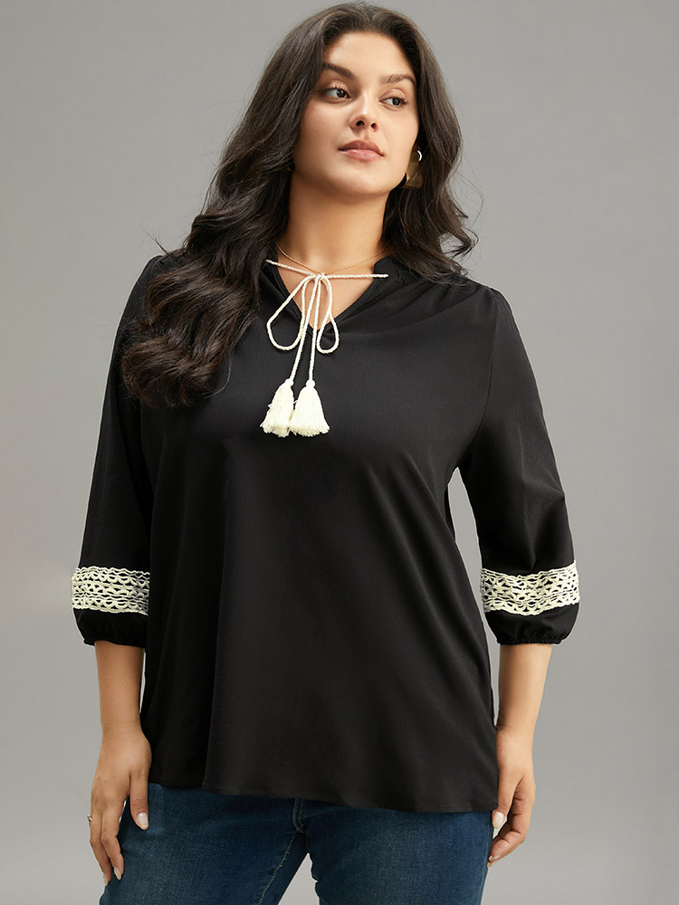 Plus Size Women Dailywear Plain Elastic cuffs Lantern Sleeve Long Sleeve V-neck Vacation Blouses BloomChic 