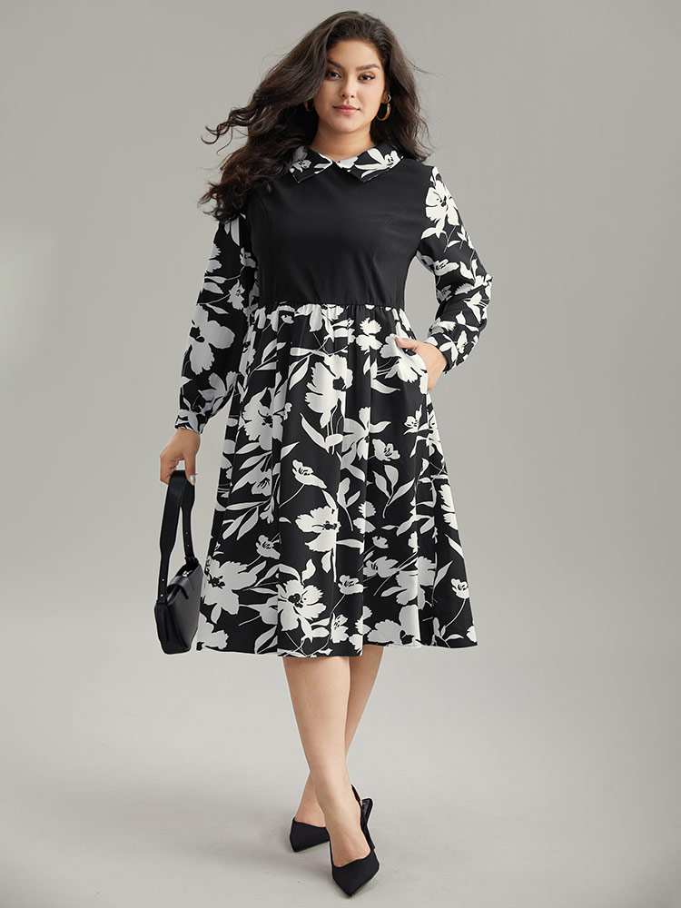 Plus Size Women Work Silhouette Floral Print Printed Regular Sleeve Long Sleeve Lapel Collar Pocket Office Dresses BloomChic 