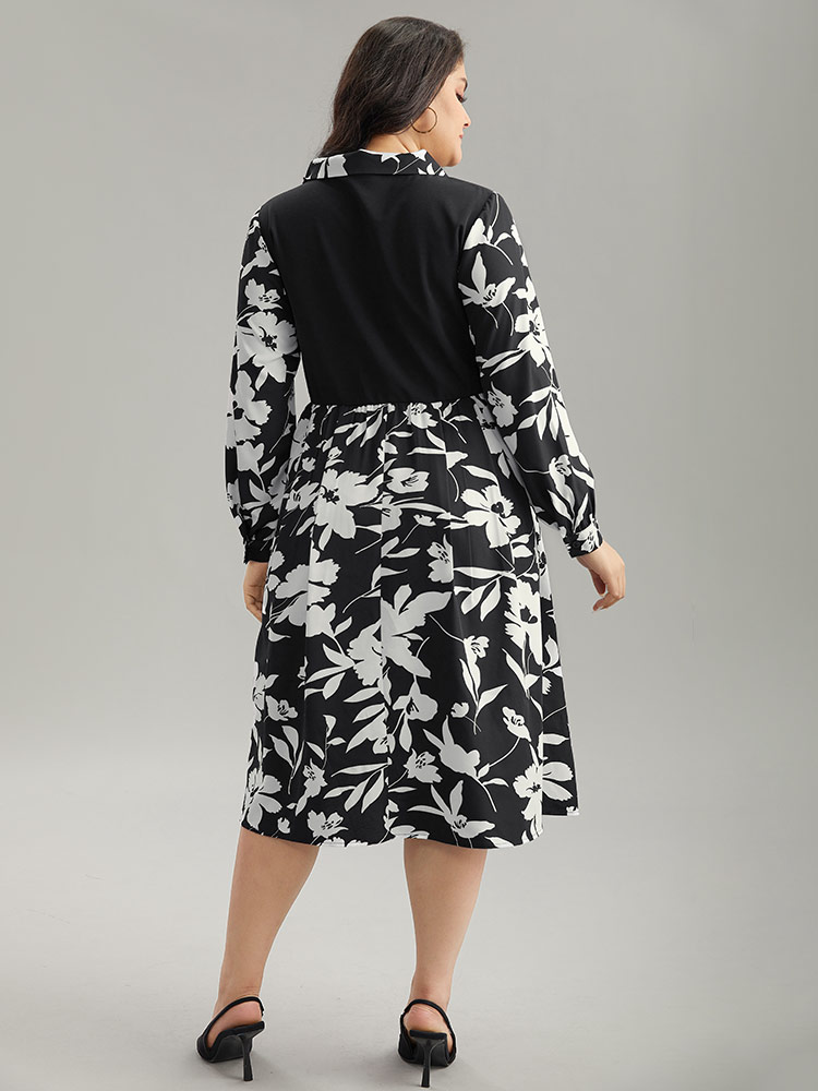Plus Size Women Work Silhouette Floral Print Printed Regular Sleeve Long Sleeve Lapel Collar Pocket Office Dresses BloomChic 