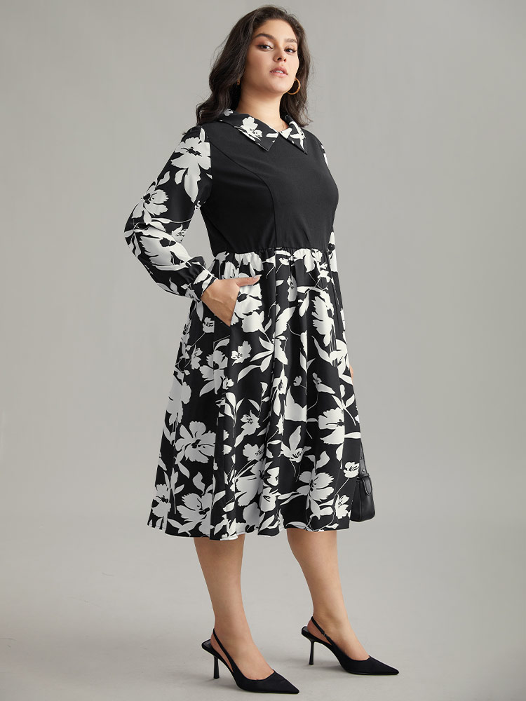 Plus Size Women Work Silhouette Floral Print Printed Regular Sleeve Long Sleeve Lapel Collar Pocket Office Dresses BloomChic 
