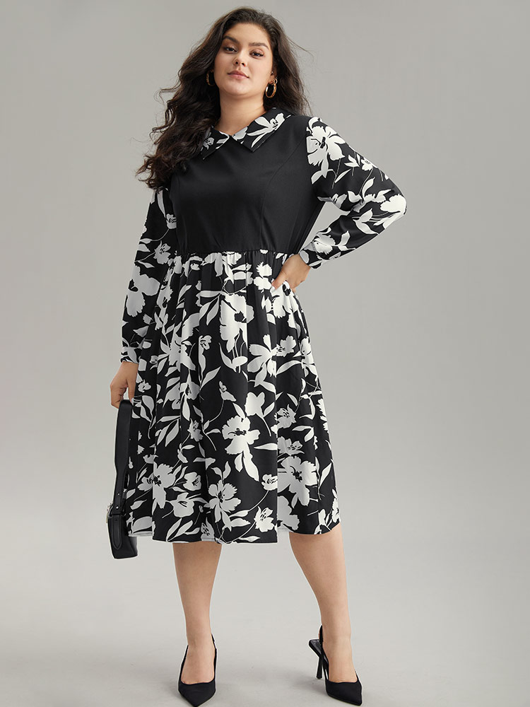 Plus Size Women Work Silhouette Floral Print Printed Regular Sleeve Long Sleeve Lapel Collar Pocket Office Dresses BloomChic 