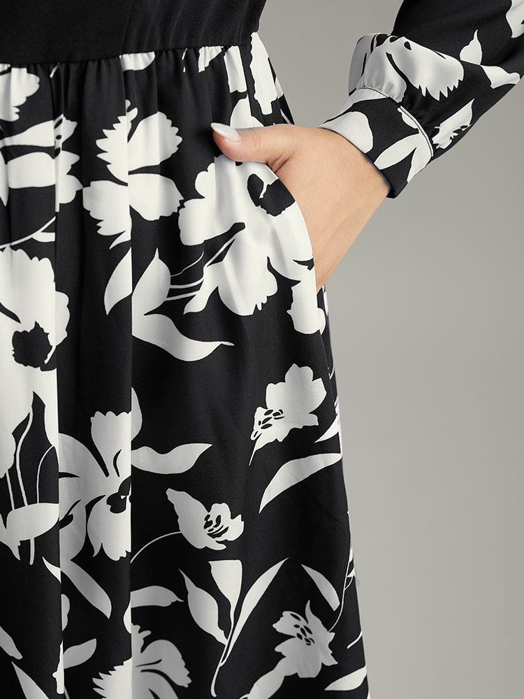 Plus Size Women Work Silhouette Floral Print Printed Regular Sleeve Long Sleeve Lapel Collar Pocket Office Dresses BloomChic 