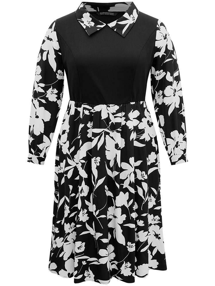 Plus Size Women Work Silhouette Floral Print Printed Regular Sleeve Long Sleeve Lapel Collar Pocket Office Dresses BloomChic 