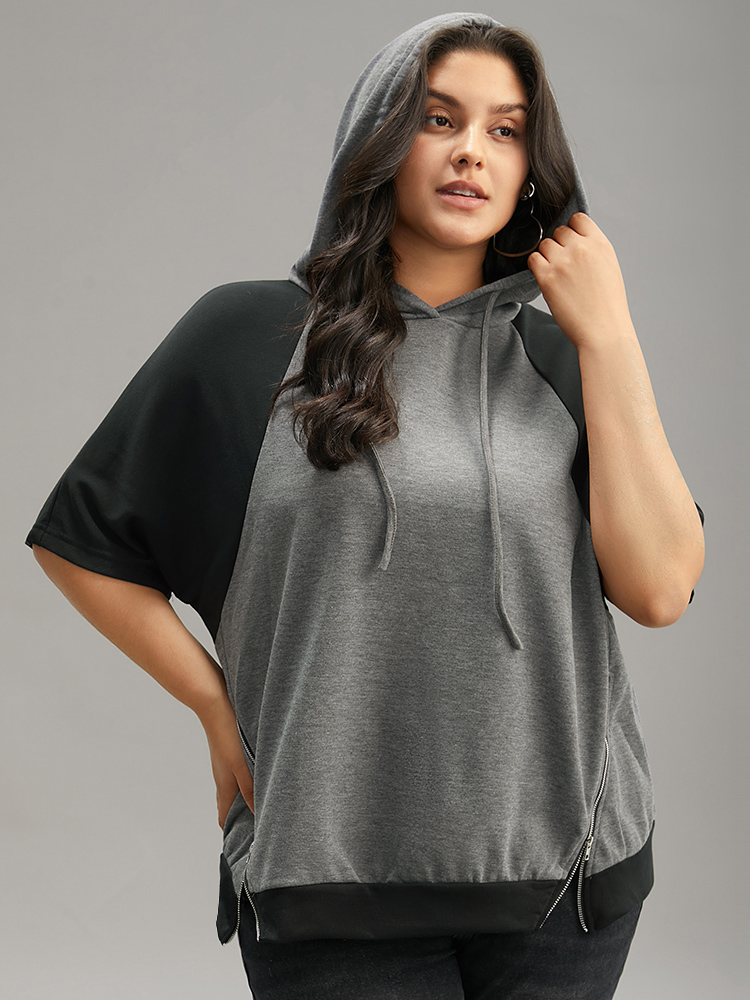 Plus Size Women Dailywear Plain Drawstring Regular Raglan sleeve Short sleeve Hooded Casual Sweatshirts BloomChic 