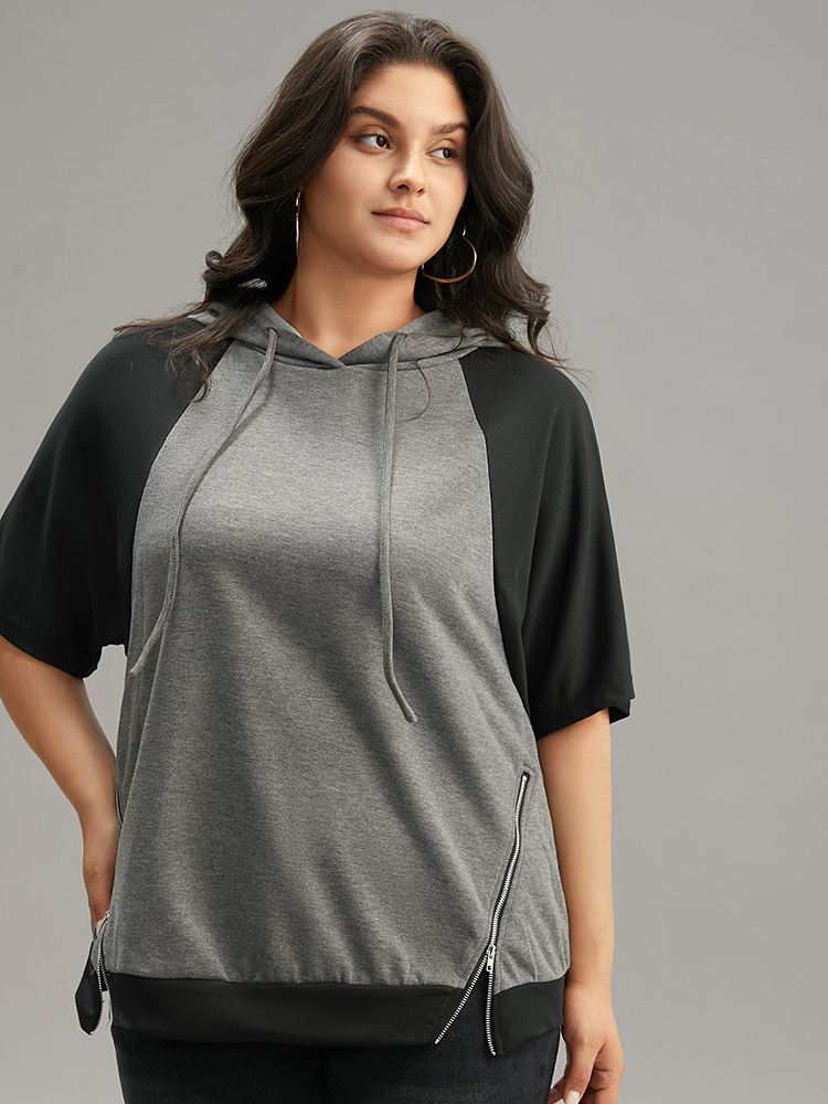 Plus Size Women Dailywear Plain Drawstring Regular Raglan sleeve Short sleeve Hooded Casual Sweatshirts BloomChic 