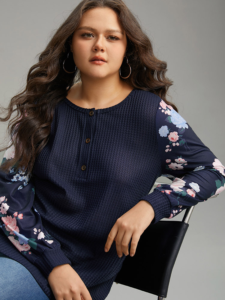 

Plus Size Waffle Knit Floral Patchwork Button Up T-shirt Blue Women Casual Printed Floral Open Front Loose Dailywear T-shirts BloomChic