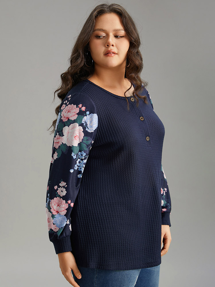 Plus Size Waffle Knit Floral Patchwork Button Up T-shirt Blue Women Casual Printed Floral Open Front Loose Dailywear T-shirts BloomChic 12/L 