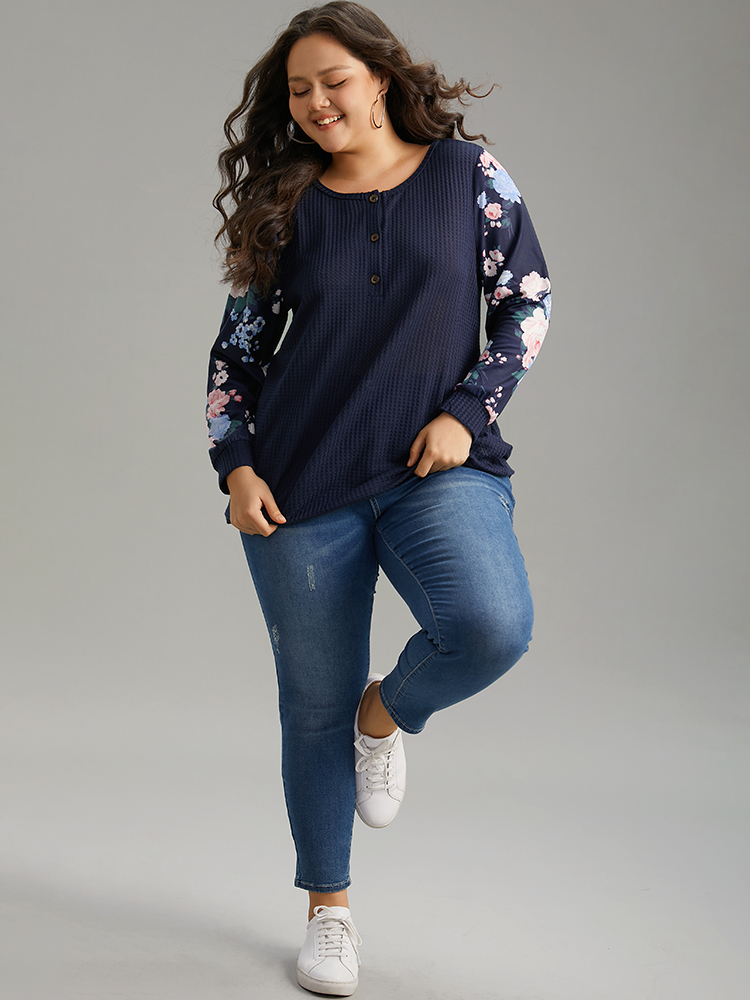 Plus Size Waffle Knit Floral Patchwork Button Up T-shirt Blue Women Casual Printed Floral Open Front Loose Dailywear T-shirts BloomChic 12/L 