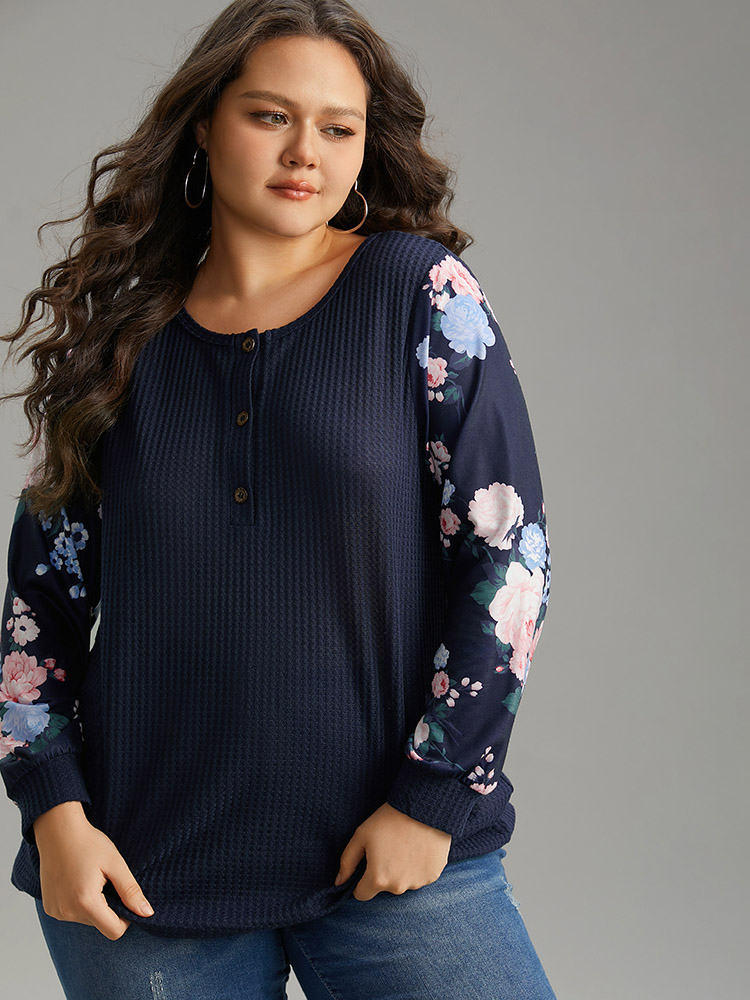 

Plus Size Waffle Knit Floral Patchwork Button Up T-shirt Blue Women Casual Printed Floral Open Front Loose Dailywear T-shirts BloomChic