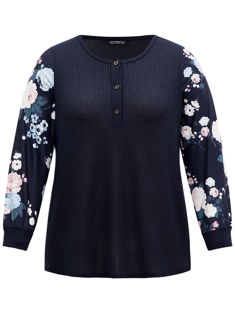 Plus Size Waffle Knit Floral Patchwork Button Up T-shirt Blue Women Casual Printed Floral Open Front Loose Dailywear T-shirts BloomChic 12/L 
