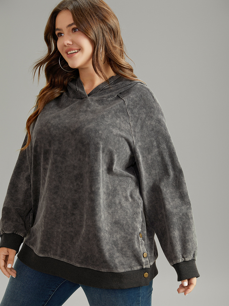 Plus Size Contrast Patchwork Hooded Raglan Sleeve Sweatshirt Women Black Casual Elastic cuffs Hooded Dailywear Sweatshirts BloomChic 12/L 