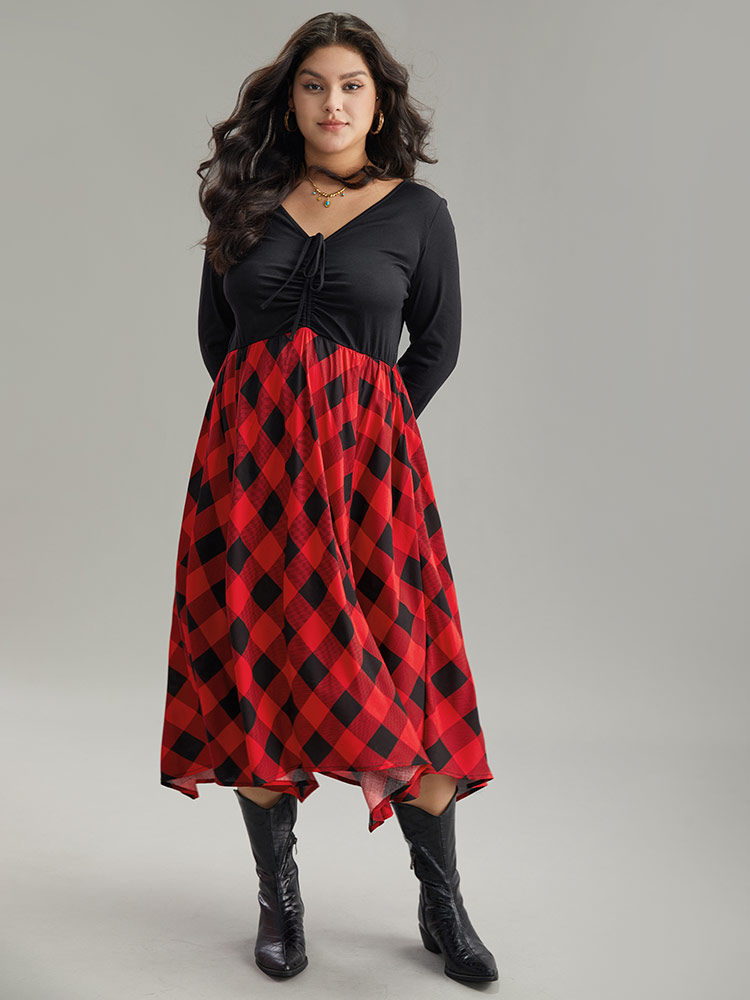 

Plus Size Plaid Ruched Drawstring Asymmetrical Hem Dress Black Women Casual Printed Tie Neck Long Sleeve Curvy Midi Dress BloomChic