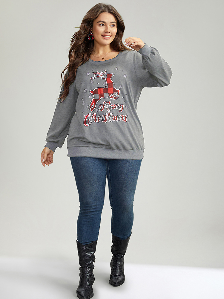 

Plus Size Christmas Elk Round Neck Sweatshirt Women Gray Casual Printed Festival-Christmas Sweatshirts BloomChic