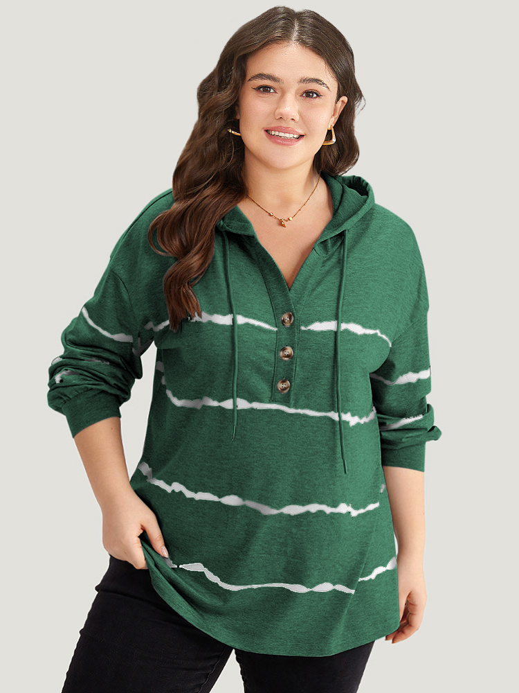 

Plus Size Striped Drawstring Hooded Button Up Sweatshirt Women Green Casual Elastic cuffs Hooded Dailywear Sweatshirts BloomChic