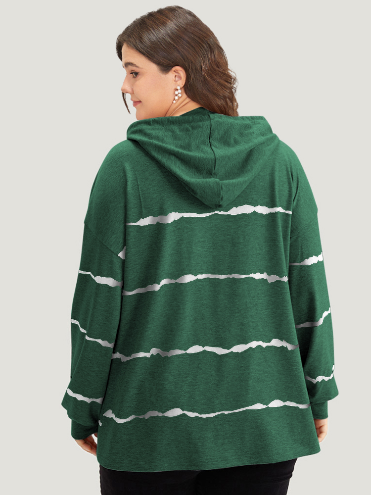 Plus Size Striped Drawstring Hooded Button Up Sweatshirt Women Green Casual Elastic cuffs Hooded Dailywear Sweatshirts BloomChic 14-16/1X 