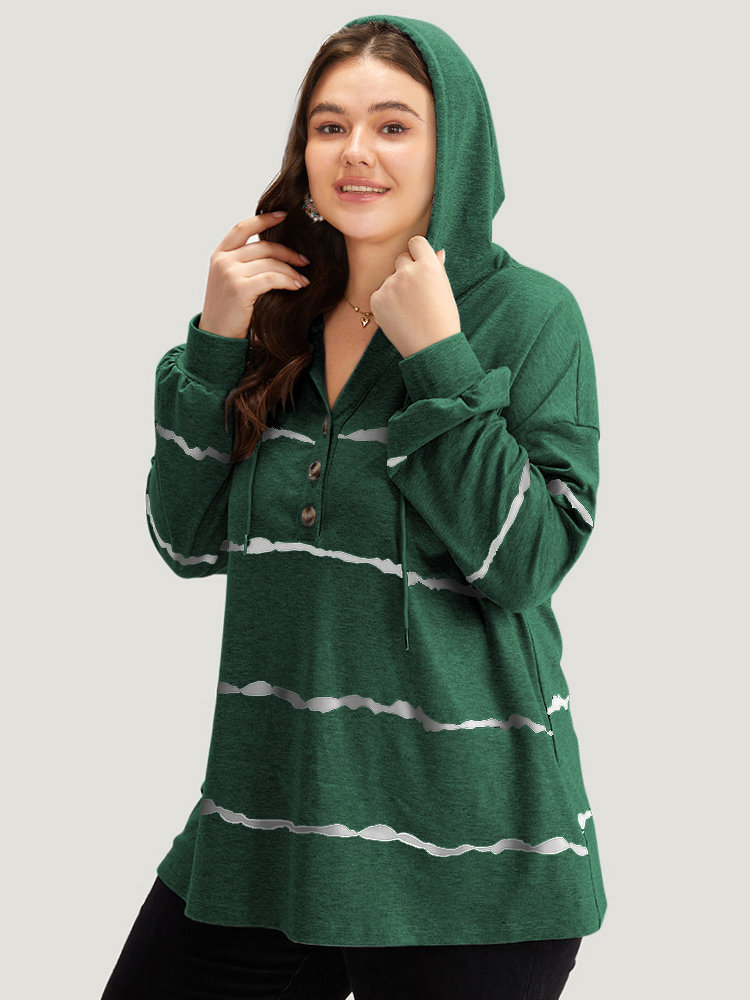 Plus Size Striped Drawstring Hooded Button Up Sweatshirt Women Green Casual Elastic cuffs Hooded Dailywear Sweatshirts BloomChic 14-16/1X 