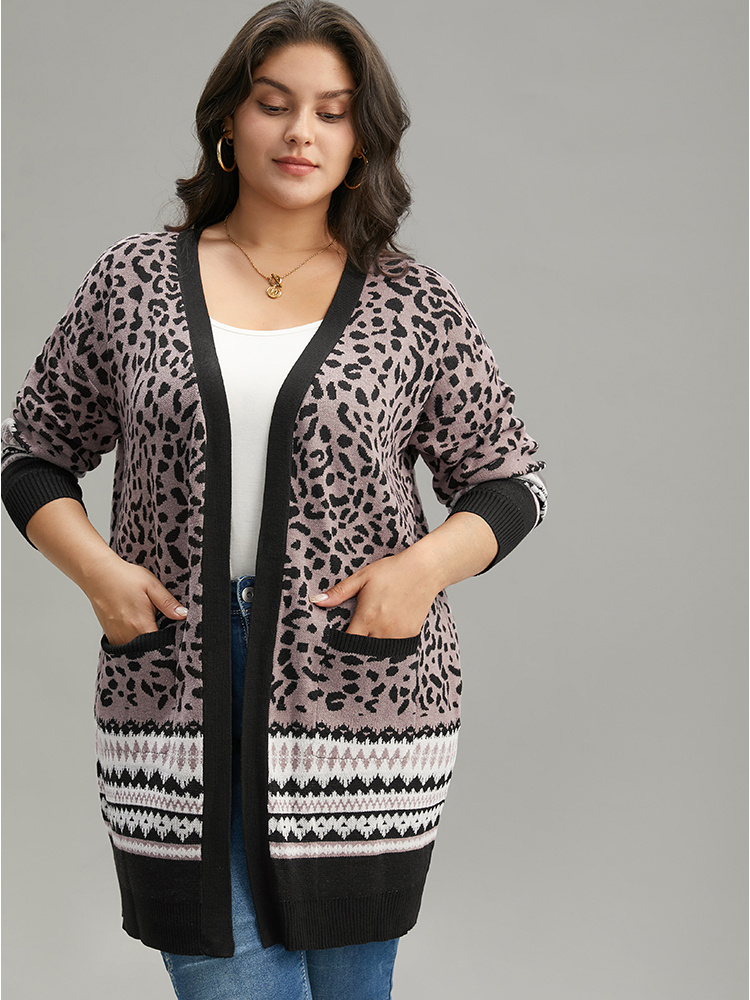 Plus Size Cardigans | Leopard Print Pocket Contrast Trim Cardigan | BloomChic 