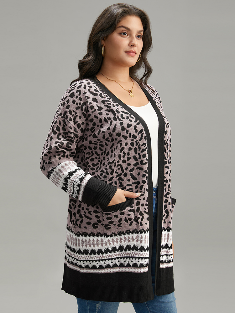 Plus Size Cardigans | Leopard Print Pocket Contrast Trim Cardigan | BloomChic 