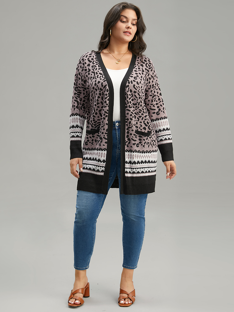Plus Size Cardigans | Leopard Print Pocket Contrast Trim Cardigan | BloomChic 