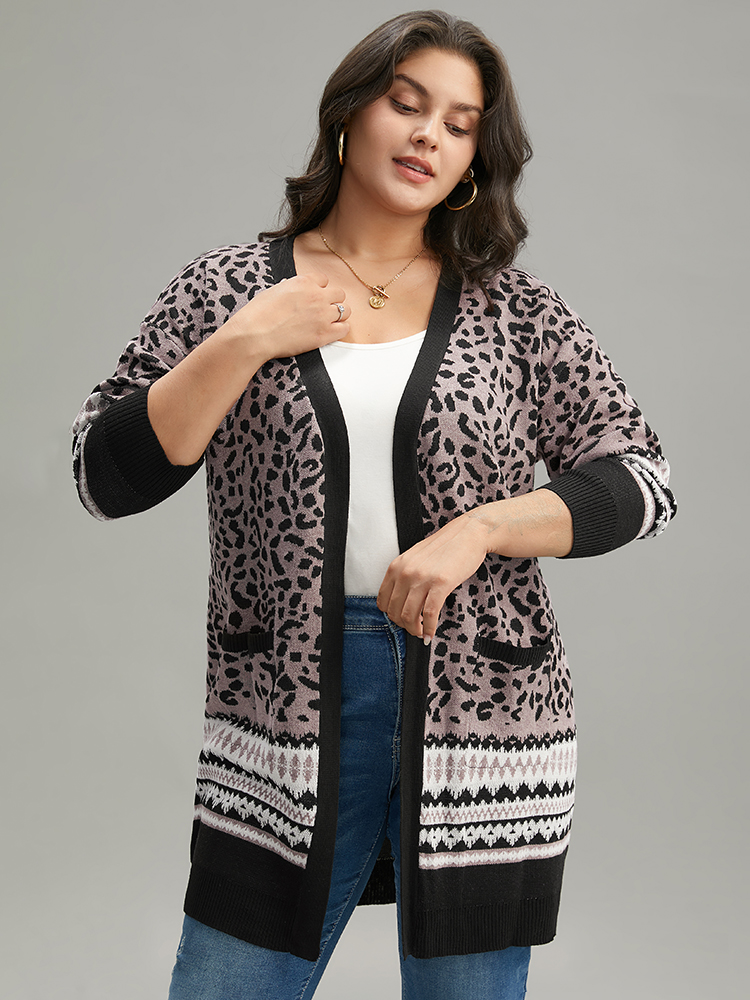 Plus Size Cardigans | Leopard Print Pocket Contrast Trim Cardigan | BloomChic 