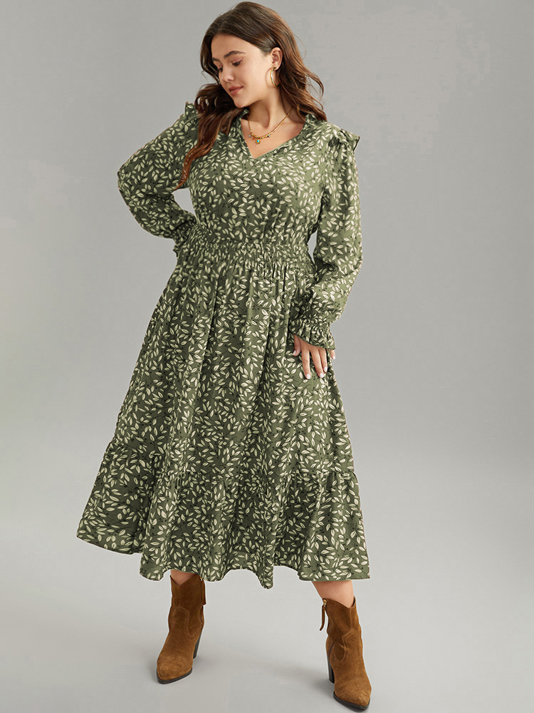 

Plus Size Ditsy Floral Flutter Trim Pocket Shirred Dress Mint Women Elegant Printed Notched collar Long Sleeve Curvy Midi Dress BloomChic