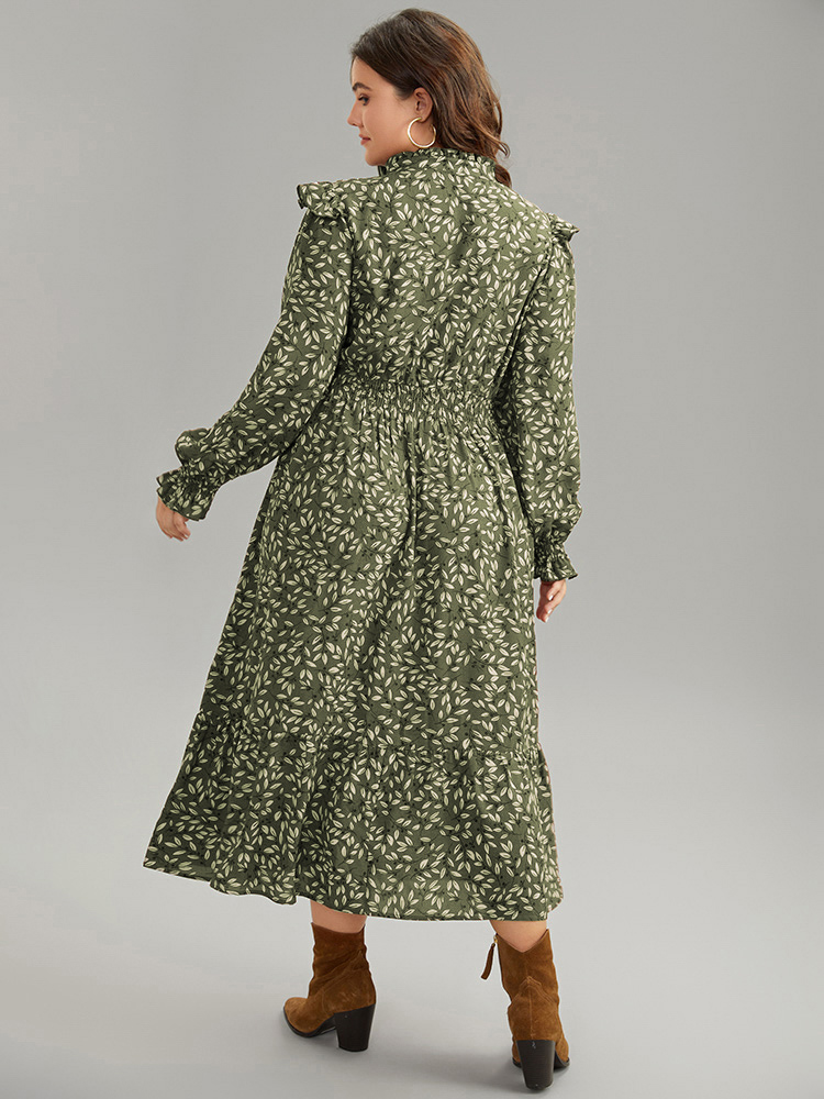 

Plus Size Ditsy Floral Flutter Trim Pocket Shirred Dress Mint Women Elegant Printed Notched collar Long Sleeve Curvy Midi Dress BloomChic