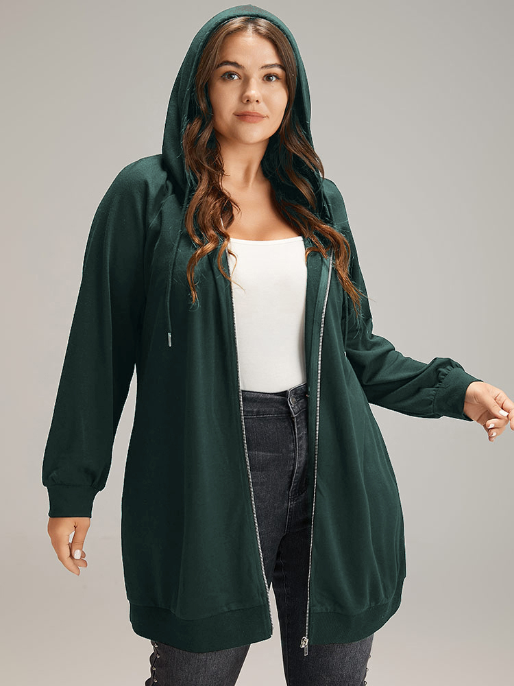 

Plus Size Plain Zipper Hooded Drawstring Pocket Sweatshirt Women DarkGreen Casual Plain Hooded Dailywear Sweatshirts BloomChic