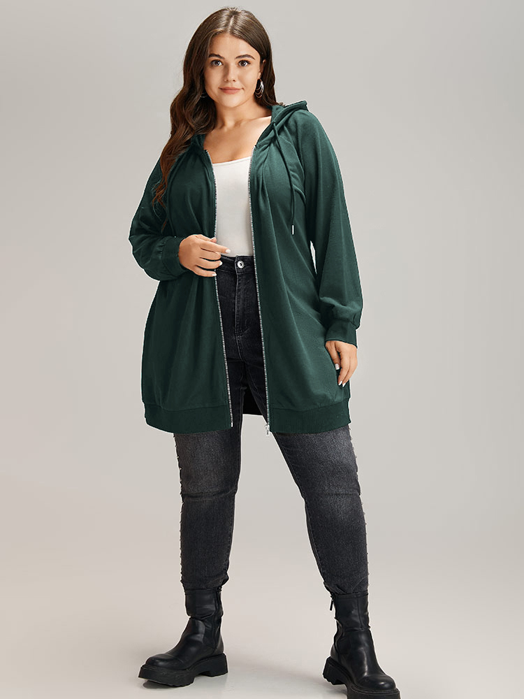 

Plus Size Plain Zipper Hooded Drawstring Pocket Sweatshirt Women DarkGreen Casual Plain Hooded Dailywear Sweatshirts BloomChic