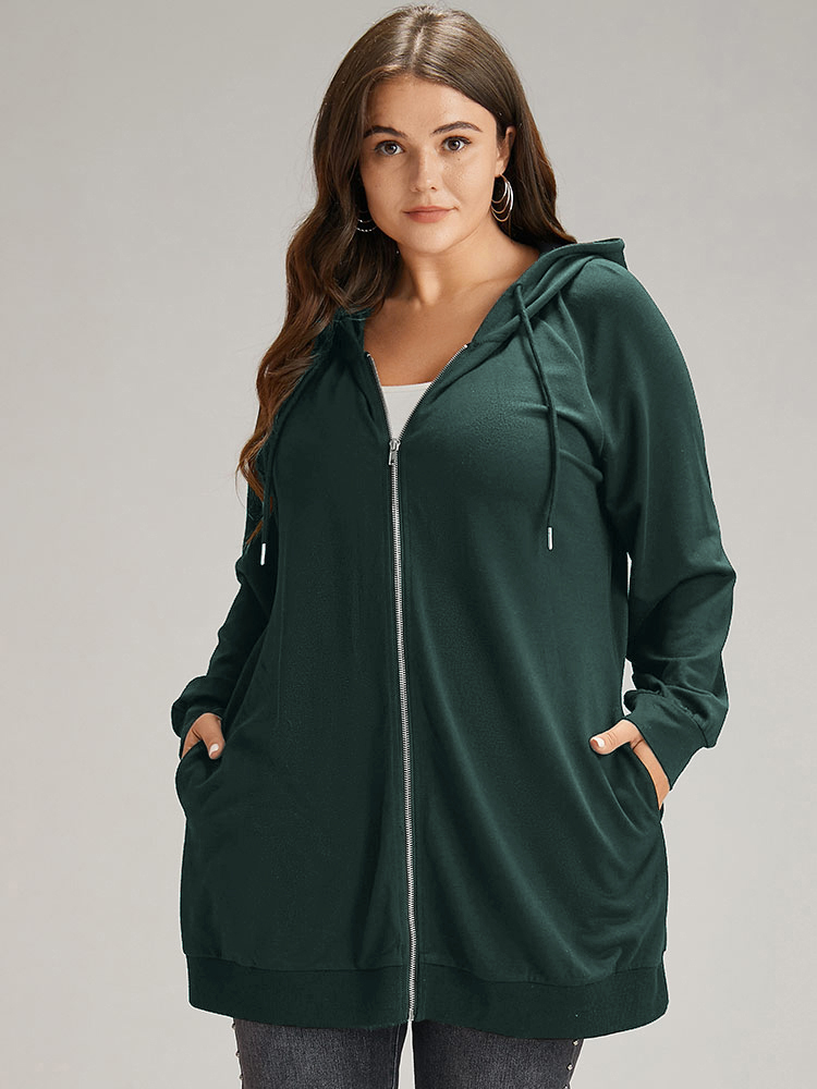 Plus Size Plain Zipper Hooded Drawstring Pocket Sweatshirt Women DarkGreen Casual Plain Hooded Dailywear Sweatshirts BloomChic 26/4X 
