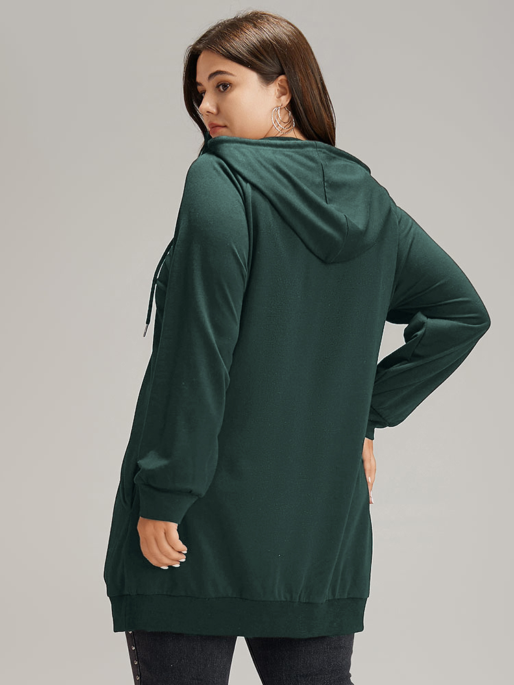 Plus Size Plain Zipper Hooded Drawstring Pocket Sweatshirt Women DarkGreen Casual Plain Hooded Dailywear Sweatshirts BloomChic 26/4X 