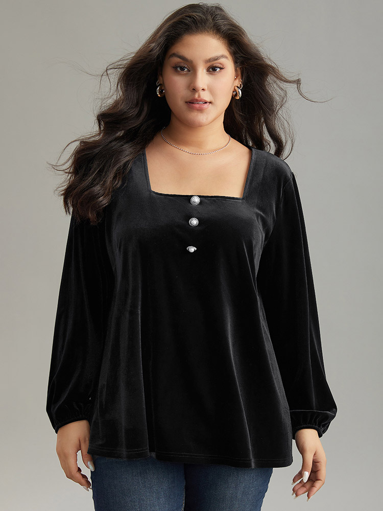 

Plus Size Black Velvet Metal Button Detail Blouse Women Elegant Long Sleeve Square Neck Dailywear Blouses BloomChic